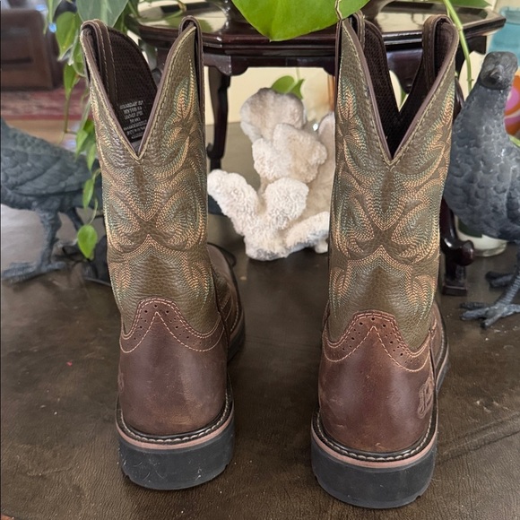 Justin steel toe ,oil and slip resistant brown green orange yellow leather boots